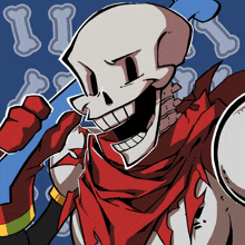 a drawing of a skeleton with a scarf around his neck