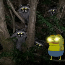 a cartoon of a frog standing in front of a group of raccoons with yellow eyes