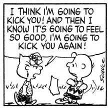 charlie brown and snoopy are talking to each other in a cartoon .