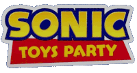 a sticker that says sonic toys party in yellow and blue