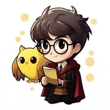 harry potter is holding a book and an owl on his lap .