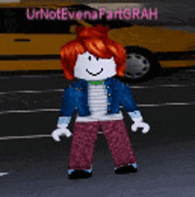 a roblox character with red hair is standing on the street