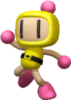 a yellow cartoon character with pink gloves and a black belt