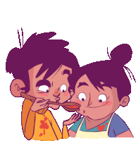 a cartoon drawing of a boy and a girl eating with spoons