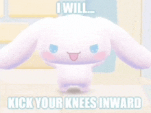 a cartoon bunny with a caption that says `` i will kick your knees inward '' is standing on a table .