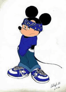 mickey mouse is wearing a bandana and a blue shirt and jeans .