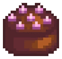 a pixel art illustration of a chocolate cake with pink frosting and flowers .