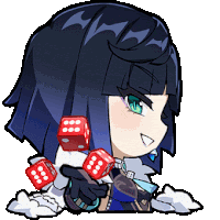 a cartoon girl is holding three red dice in her hands