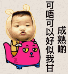 a cartoon of a baby wearing a cat hat with chinese writing