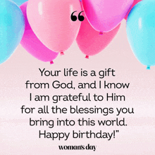 a woman 's day birthday card with pink and blue balloons