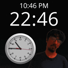 a man stands in front of a clock that says 10:46 pm on it