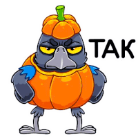 a cartoon of a bird dressed as a pumpkin with the word tak written below it