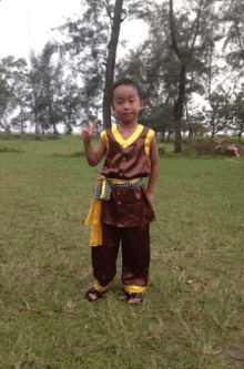 a young boy in a brown and yellow outfit stands in a grassy field giving the peace sign