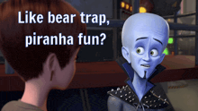 a cartoon character with the words like bear trap piranha fun behind him