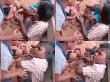 a group of children are playing with each other and a woman is feeding them .