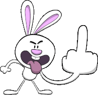 a cartoon rabbit with purple ears is sticking its tongue out and giving the middle finger