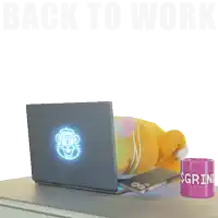 a cartoon cat is sitting at a desk with a laptop and a mug that says sgrin