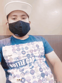 a man wearing a mask and a bottle cap t-shirt