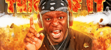 a man wearing headphones and a bandana with the word throat on the background
