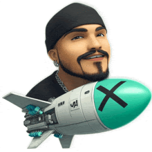 a man with a beard is holding a rocket with the letter x on the side