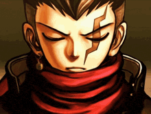 a close up of a man 's face with his eyes closed and a red scarf around his neck