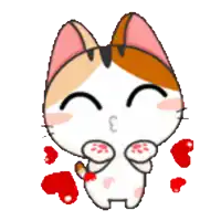 a cartoon cat is blowing a kiss with red hearts surrounding it