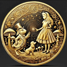 a gold coin with alice and the mad hatter