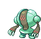 a pixel art drawing of a pokemon with a green and brown body and arms .