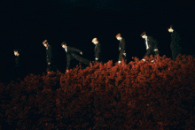 a group of men are walking in a field of red flowers