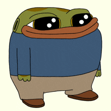 a cartoon of a frog wearing a blue shirt