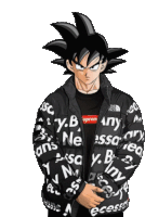 a cartoon character is wearing a black jacket that says supreme on it