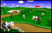 a cartoon cow is standing in a grassy field