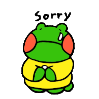 a green frog wearing a yellow sweater is kneeling down and saying sorry .