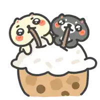 a cartoon drawing of two cats drinking from a bowl of ice cream