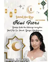 a greeting card with a woman in front of a mosque says selamat hari raya idul fitri