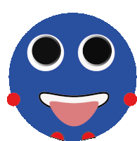 a blue smiley face with black eyes and a red tongue sticking out