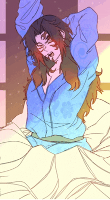 a drawing of a man with long hair in a blue shirt