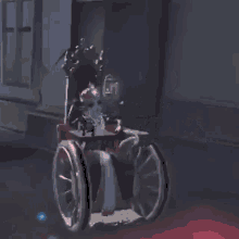 a wheelchair is sitting in front of a red wall in a room .