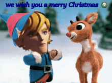 a cartoon elf and a stuffed reindeer with the words we wish you a merry christmas