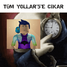 a picture of a man with a blue bird on his shoulder and the words tum yollar 's e cikar above him