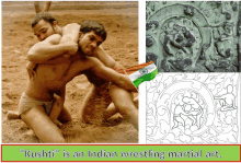 a picture of two men wrestling with the words " kushti " is an indian wrestling martial art below them