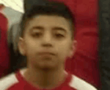 a young boy is wearing a red and white shirt and looking at the camera .