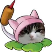 a cat is wearing a pink hat and sitting on a leaf .