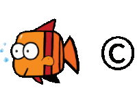 a cartoon fish next to a copyright symbol on a white background