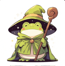 a frog dressed as a wizard is holding a cane .