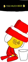 a cartoon character wearing a red top hat with the words " too much beer " above it