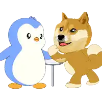 a doge and a penguin are standing next to each other
