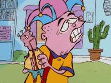 a cartoon character with a jester hat is holding a robot