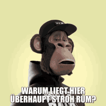 a chimpanzee wearing a hat and a hoodie says " warum liegt hier "