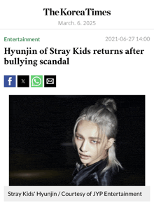 a newspaper article about hyunjin of stray kids returning after bullying scandal